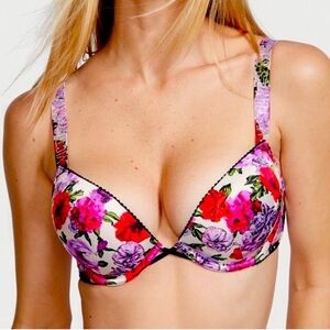 Victorias Secret Bombshell Add 2 Cups Bra Rhinestone Logo Straps Pink Floral 34A